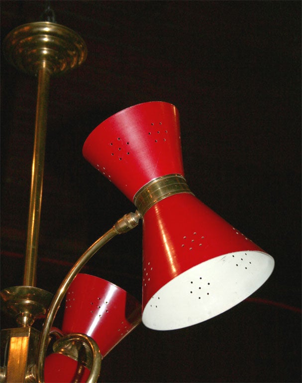 Brass French Mid Century Modern Red Conical Three-Light Chandelier For Sale