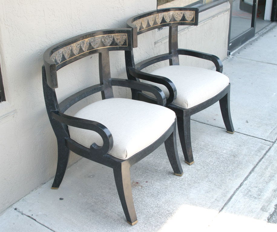 American Pair of Stone Klismos Chairs with Brass Inlay by Maitland Smith