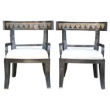 Pair of Stone Klismos Chairs with Brass Inlay by Maitland Smith