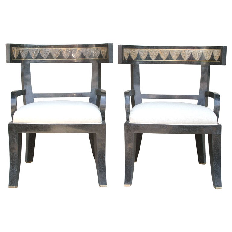 Pair of Stone Klismos Chairs with Brass Inlay by Maitland Smith
