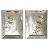 Vintage Pair of Reverse Painted Pictures of Birds with Shadowbox Frames