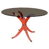 Modern Glass Table, Signed Hirsh,  Red Lacquered Beechwood Base