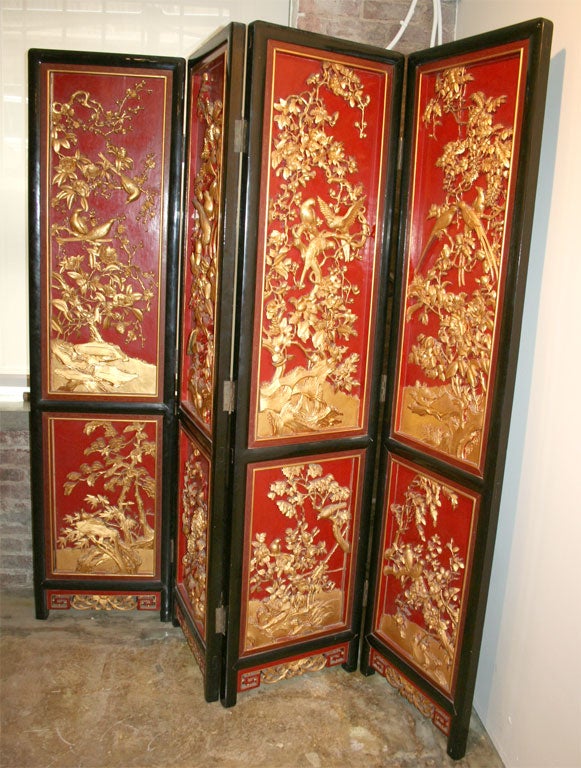 Handcarved Gilt Wood and Painted Four Panel Chinese Folding Screen