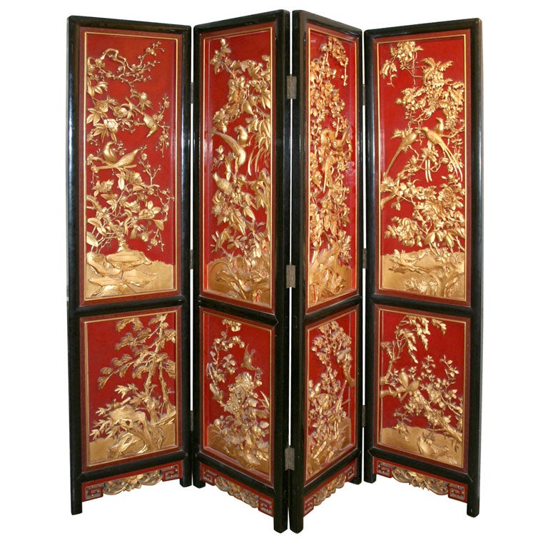 Handcarved Gilt Wood and Painted Chinese Screen