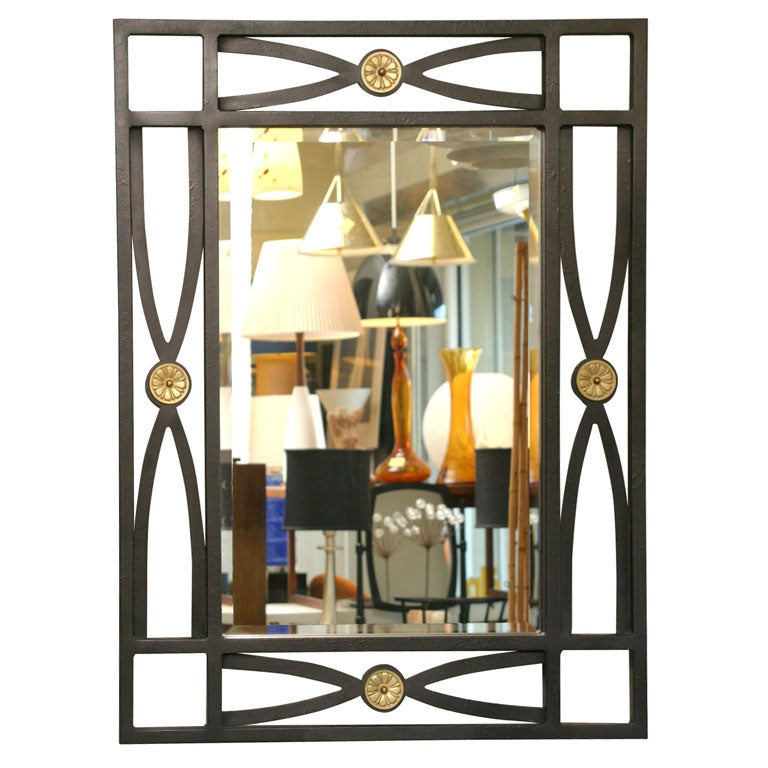 Hollywood Regency Style Black Iron Mirror Bevelled at 1stDibs