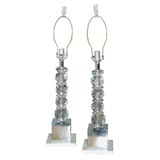 Pair Crystal Lucite Marble and Chrome Lamps