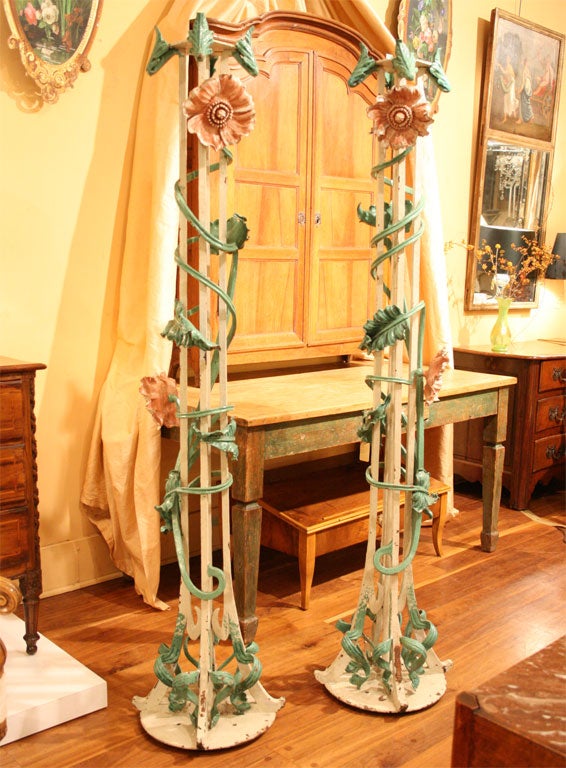Pair Painted Art Nouveau Iron Lamp Posts