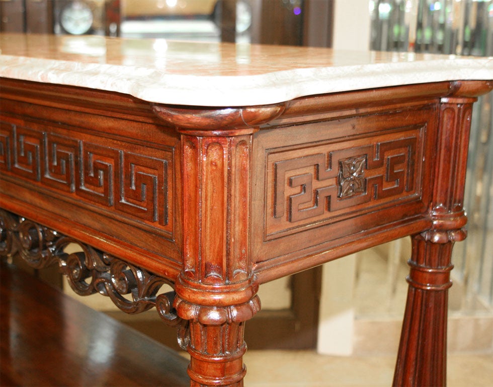 Pair Mahogany Three Tier Etageres, Mid 19th Century, <br />
Possibly Danish Origin with English influences;<br />
Later Italian Rose Marble Tops <br />
<br />
46 inches long x 15.5 inches deep x 35.5 inches high