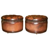 Pair of Round Tufted Leather Ottomans