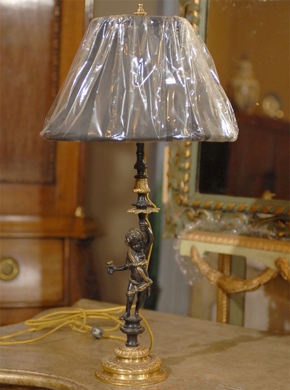 19th C. Bronze Cupid Lamp
