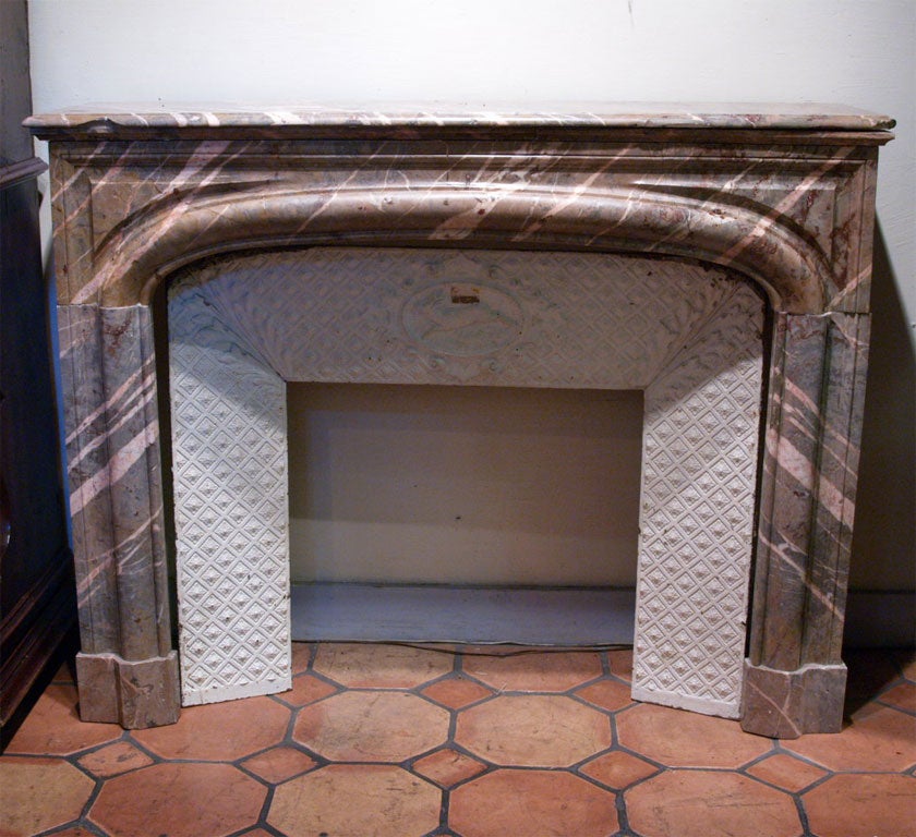 18th century French Regency style marble mantle, with painted metal surround with stag decoration.