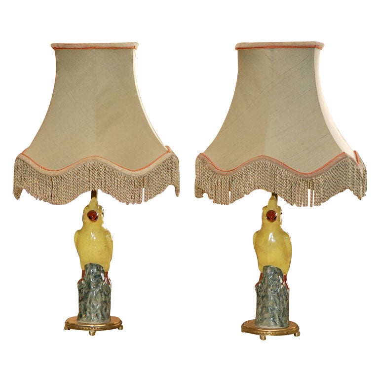 Pair of ceramic parrot lamps