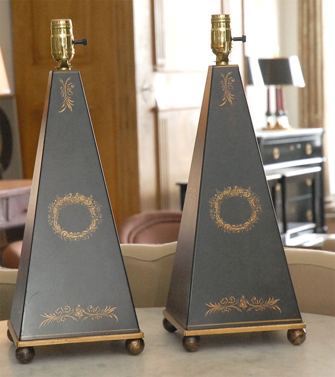 Pair of obelisk tole lamps