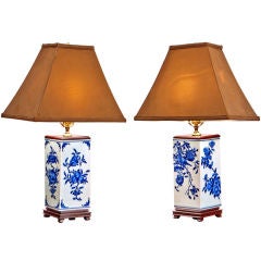 Near Pair of Chinese Blue and White Lamps