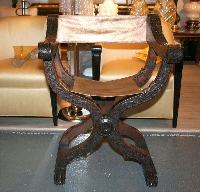 Italian 19th C Heavily Carved Dante Chair with Bronze Leather
