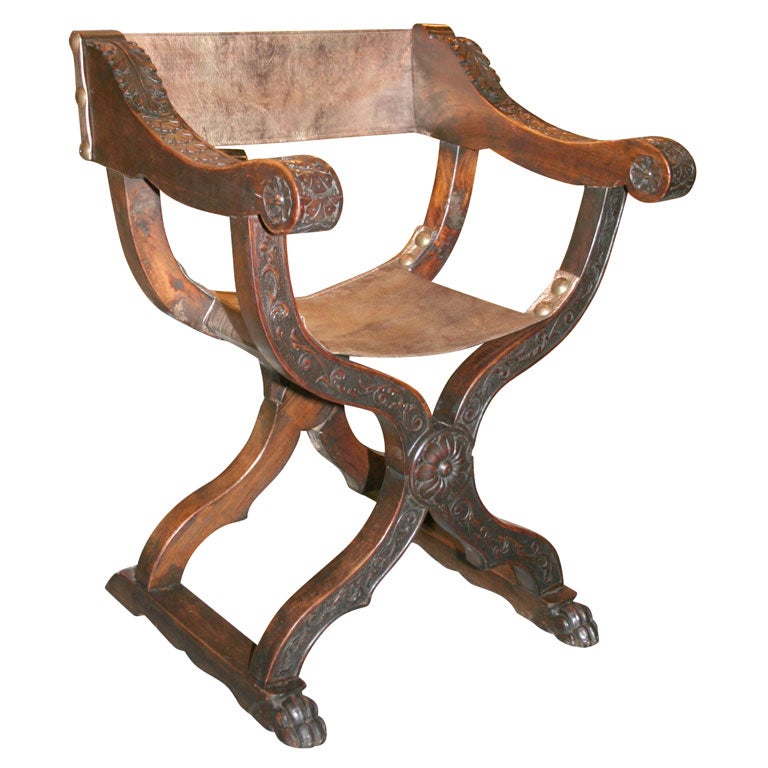 19th C Heavily Carved Dante Chair with Bronze Leather at 1stDibs | dantesca  chair, dante chairs, dantes chair