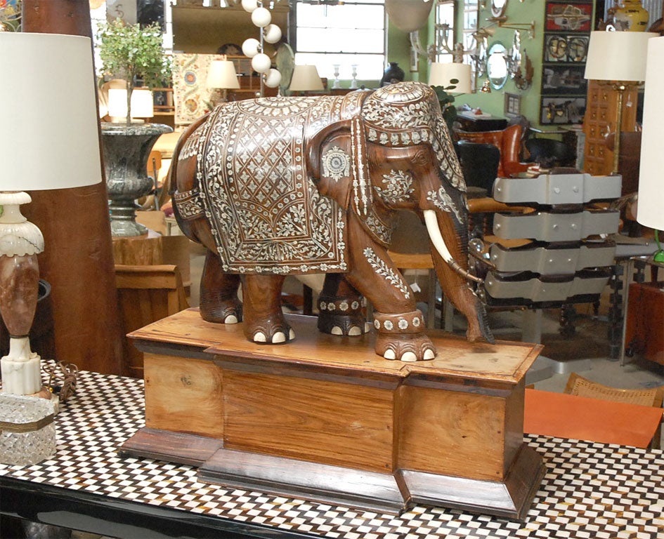 Wooden Elephant with Bone & Mother of Pearl Inlay on Wood Base