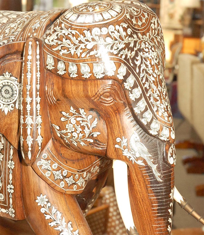 Wood Elephant with Bone & Mother of Pearl Inlay