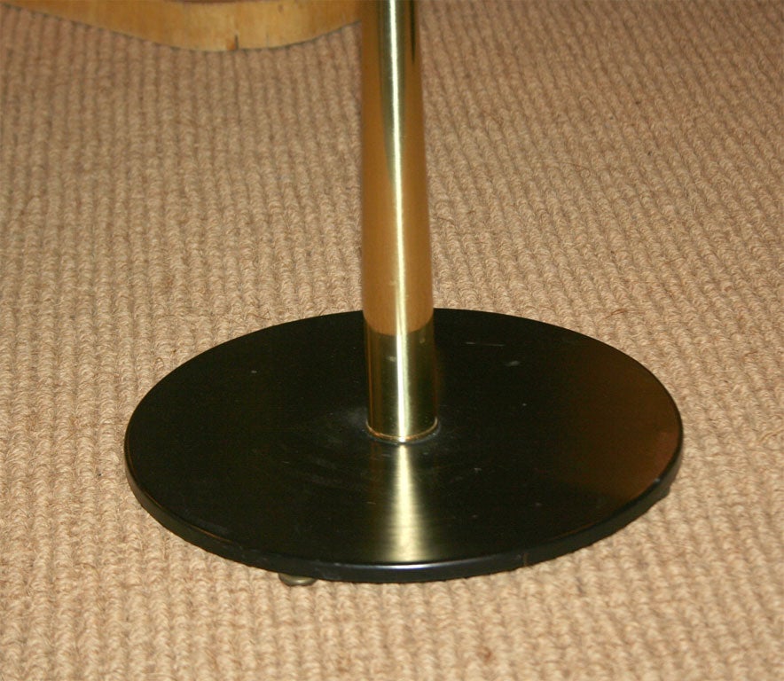 An scarce Guéridon with a crescent form handle, brass stem, square walnut top and black enameled base. By Milo Baughman for Arch Gordon. U.S.A., circa 1950.
