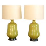Pair of mid century chartreuse crackle glaze table lamps.