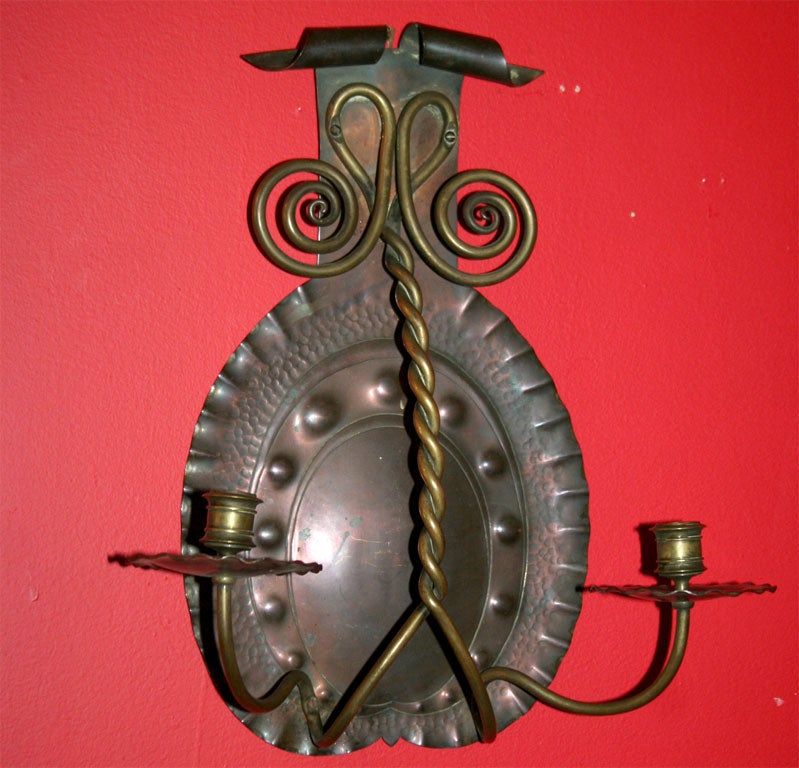 American Arts and Crafts Hammered Copper and Brass Sconces