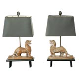 Vintage Pair of Carved Wood Foo Dog Lamps of Black Painted Bases