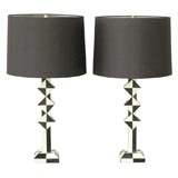 Pair of Stone Veneered Black and White Lamps with Silk Shades