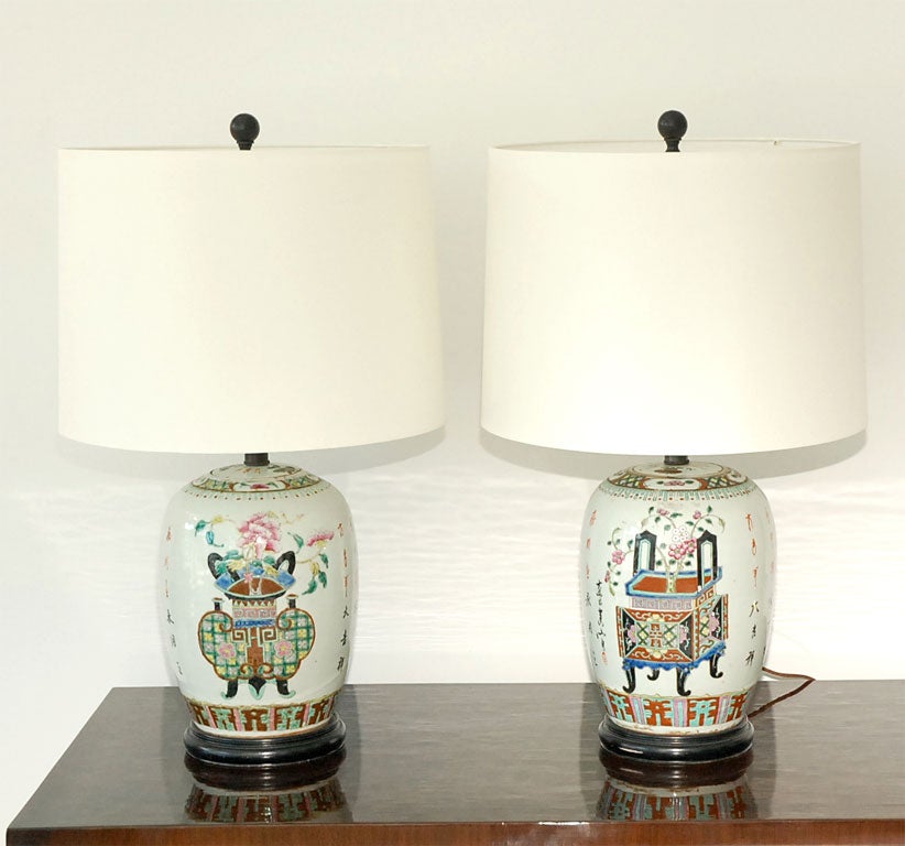 Pair of 19th Century Decorated Chinese Urns Converted to Lamps