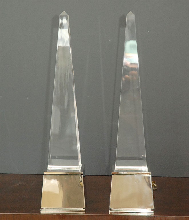 Pair of Large Lighted Lucite Obelisks on Nickel Plated Bases
