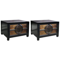 Pair of Baker black lacquered "Asian modern" table/cabinets.