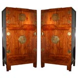 Antique Chinese Camphor Wood and  Brass Mounted Wardrobes in Two-Parts