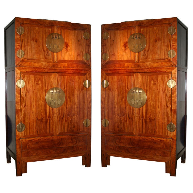 Chinese Camphor Wood and  Brass Mounted Wardrobes in Two-Parts