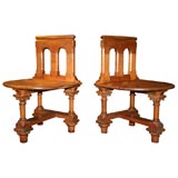 Pair of Oak Hall Chairs/Stools in the Gothic Taste