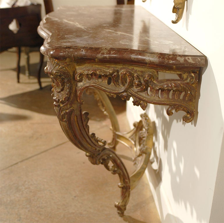 Marble French 1890s Rococo Style Carved Giltwood Console Table with Floral Décor For Sale
