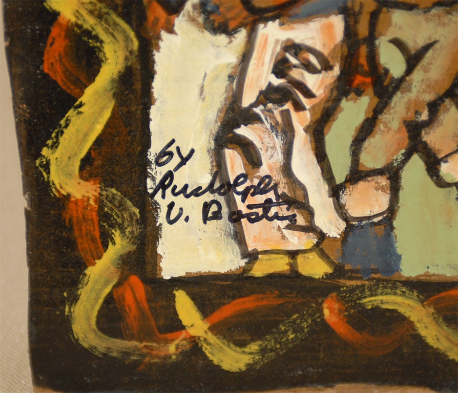 A very lively and interesting horse painting depicting polo horses and riders by Rudolph Valentino Bostic.  Bostic is a self-taught Savannah, Georgia artist who works on cardboard with acrylics and enamels.  His inspiration comes from television,