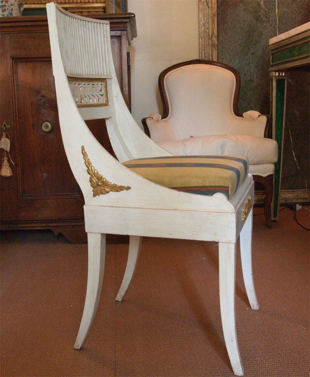 Six 20th c Consulate style dining chairs, fluted backs with pierced gilded frame 2