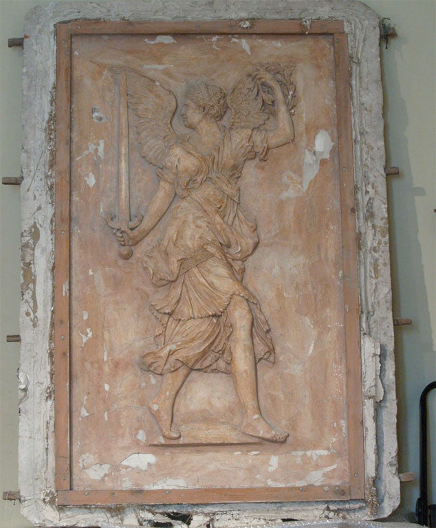 ORIGINALLY MOUNTED AS A BAS RELIEF IN A PLASTER WALL.  BEAUTIFULLY EXECUTED BAS RELIEF OF ATHENA NIKE,GODDESS OF VICTORY.