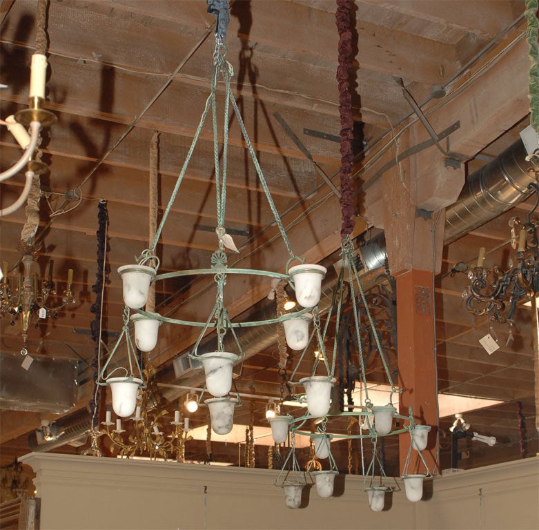 Bronze and alabaster pair of chandeliers