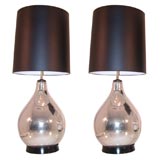 Pair of Bulbous Mercury Glass Lamps with Black Shades