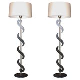 PAIR OF CERUSED OAK FLOOR LAMPS WITH BRUSHED STEEL APPOINTMENTS