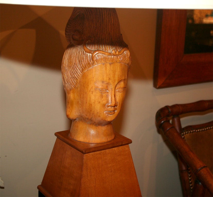 Carved Wood Asian Goddess Lamps In Excellent Condition For Sale In New York, NY