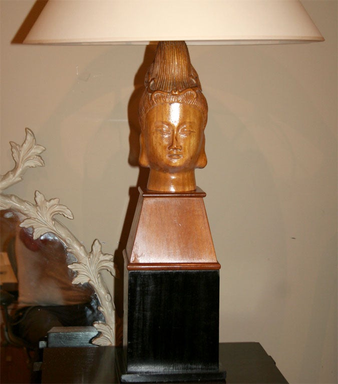 Carved Wood Asian Goddess Lamps For Sale 2