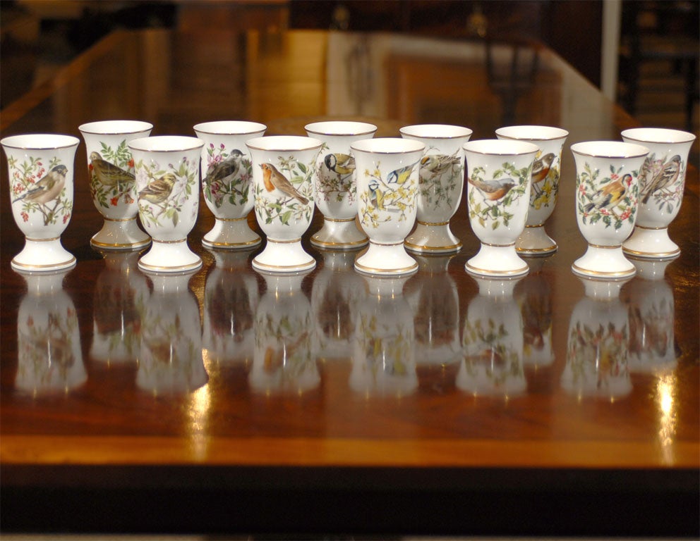 Set of 12 porcelain goblets dated 1981 all depicting different European song birds.   Believed to be used for hot chocolate.<br />
All in excellent condition, no chips or repairs. Inscribed on base on each goblet 'Oiseaux Chanteurs de L'europe