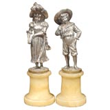 Antique Pair Silver over Copper Figurines on alabaster stands