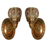 Pair of Bronze and Iridescent Glass Sconces