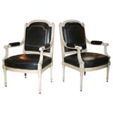 Vintage Pair of Black Leather Silver Tooled Mid-Century Armchairs