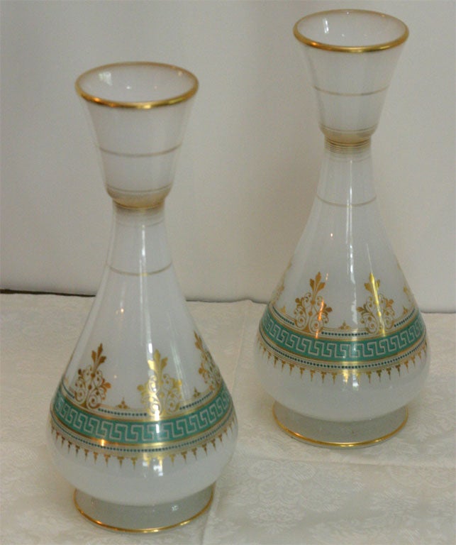 Matched Pair 19th Century French Opal Vases w/ Green Enamel & Gilt Decoration For Sale 1