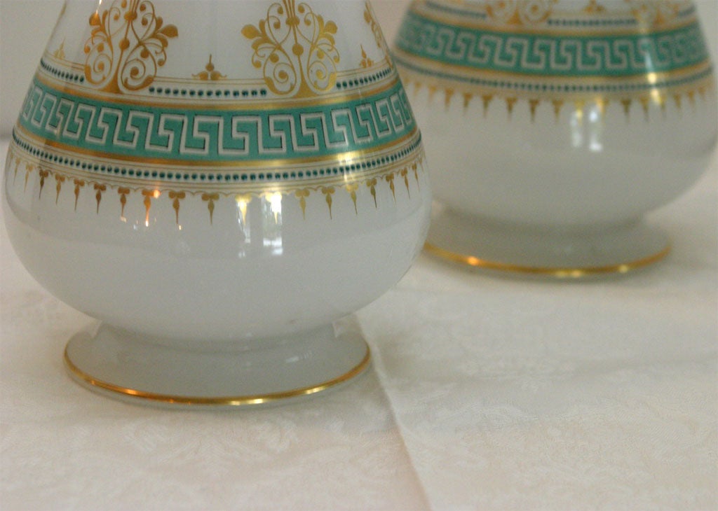 Matched Pair 19th Century French Opal Vases w/ Green Enamel & Gilt Decoration For Sale 2