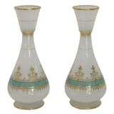 Matched Pair of 19th Century French Opal Vases, Green Enamel and Gilt Decoration