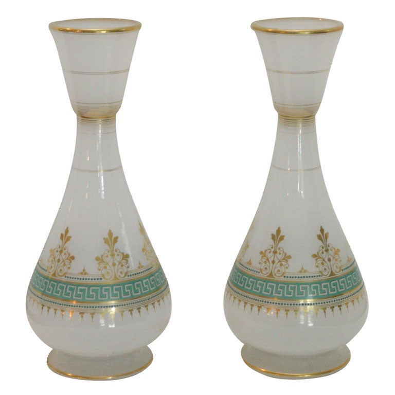 Matched Pair 19th Century French Opal Vases w/ Green Enamel & Gilt Decoration